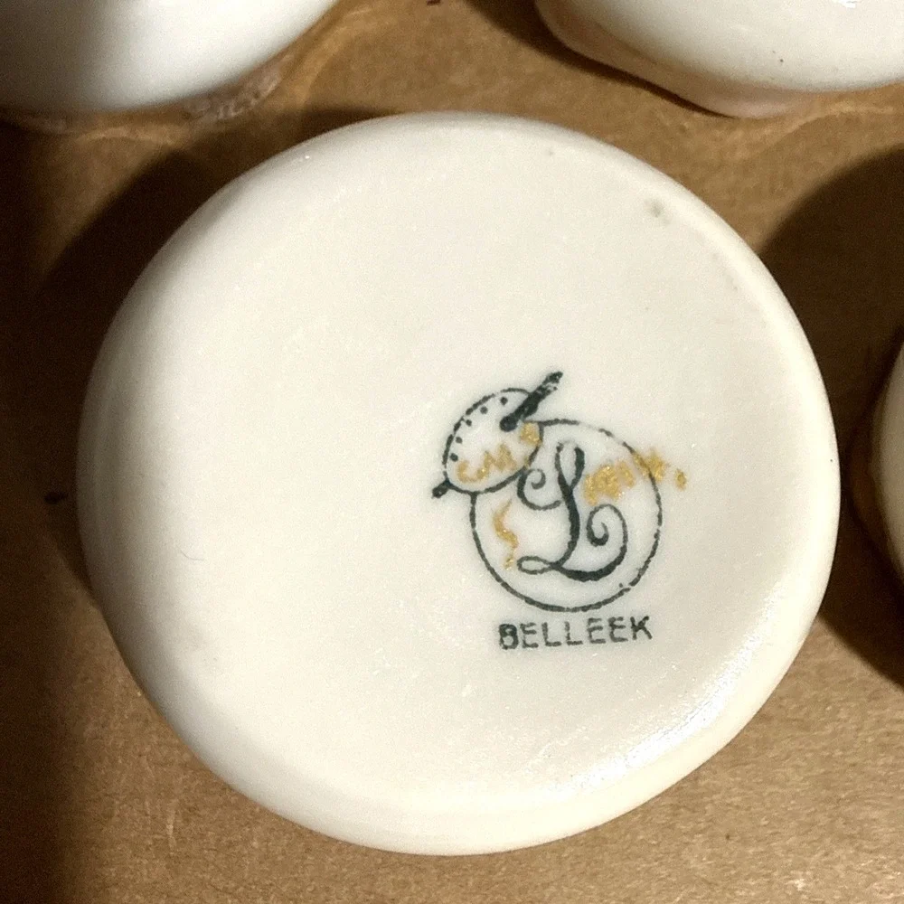 Vintage Belleek Open Salt Dish 5pc Set White Porcelain Gold Rim Ireland
